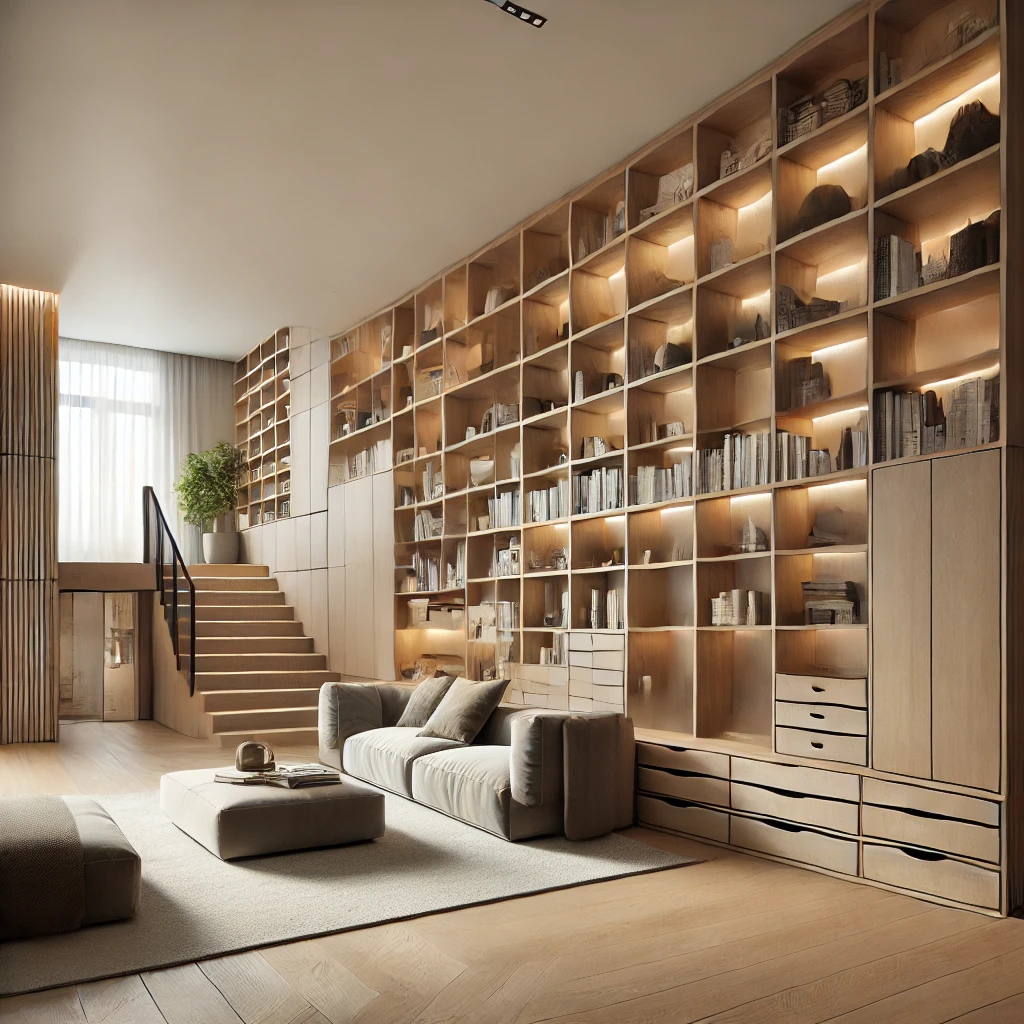 DALL·E 2025 02 12 14.59.56 A modern living space featuring built in storage solutions. The design includes floor to ceiling bookshelves recessed cabinets in walls and under st