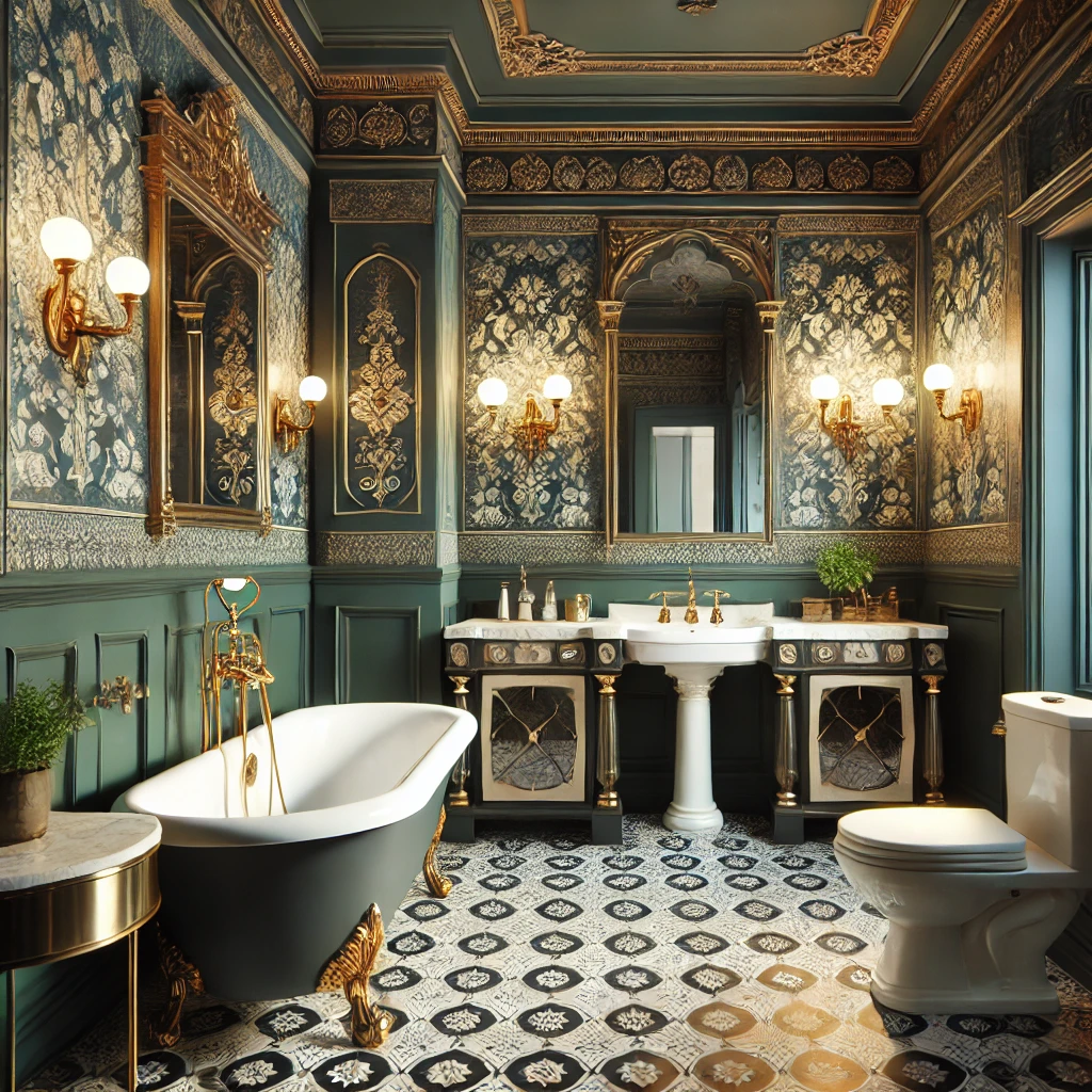 DALL·E 2025 02 12 15.19.41 A luxurious Victorian style bathroom with modern touches. The design includes a classic clawfoot bathtub a pedestal sink and intricate tile patterns