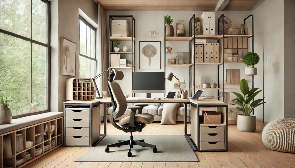 DALL·E 2025 02 13 18.12.44 A flexible and functional home office setup designed for adaptability and comfort. The workspace features a modern ergonomic desk with a movable chai