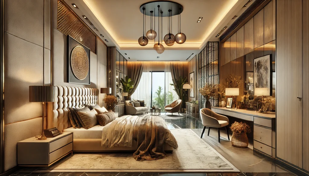 DALL·E 2025 02 13 18.16.51 A luxurious and elegant modern 3BHK bedroom design with high aesthetic value in 2025. The master bedroom features a plush king sized bed with a tufted