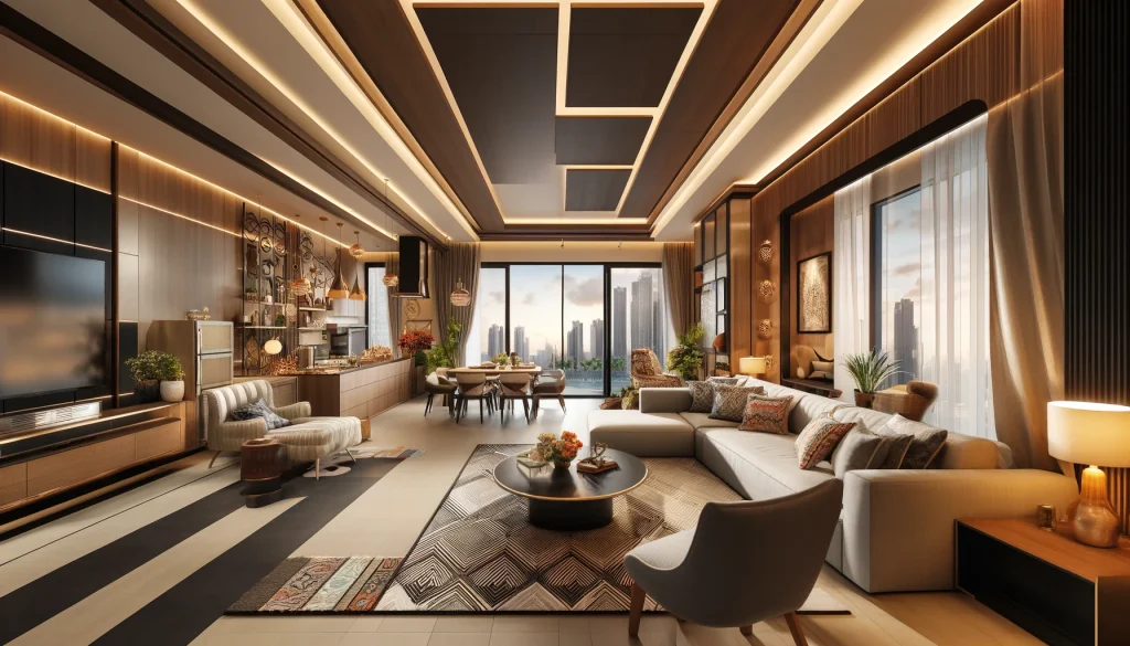 DALL·E 2025 02 13 18.23.11 A modern 3BHK apartment designed by the best interior designers in Mumbai featuring a blend of luxury and contemporary style. The living room is spac