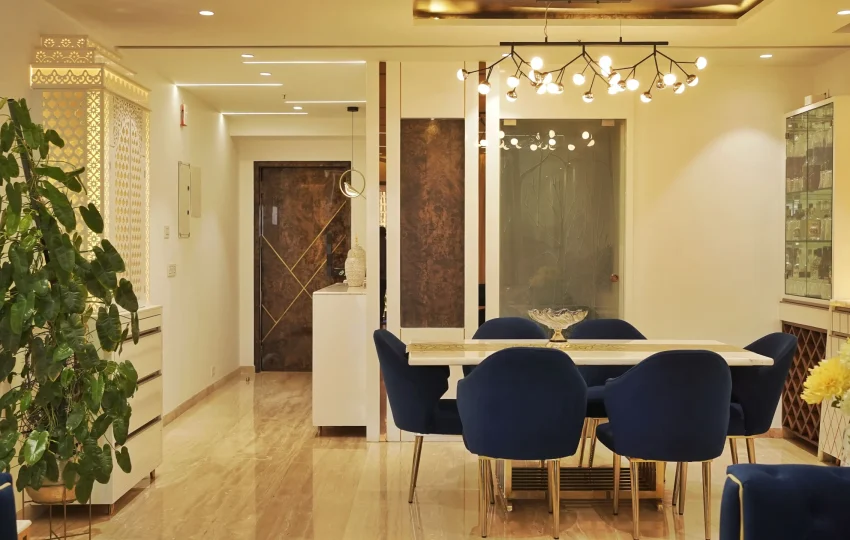 Luxurious 3BHK interior blending Arabic, Modern, and European styles with elegant decor and warm tones.